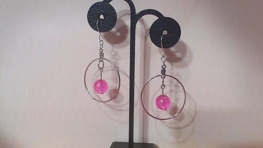 Silver Circle Earring With Large Pink Glo-Bead