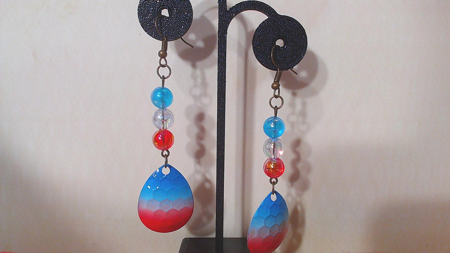 Red, White, and Blue Spinner Earrings with Fishing Beads